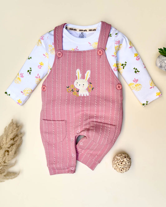 Stripe Textured Bunny Embroidered Dungaree Romper
