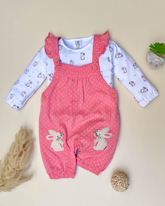 Knitted Printed T-Shirt With Bunny Applique Dungaree Embroidery