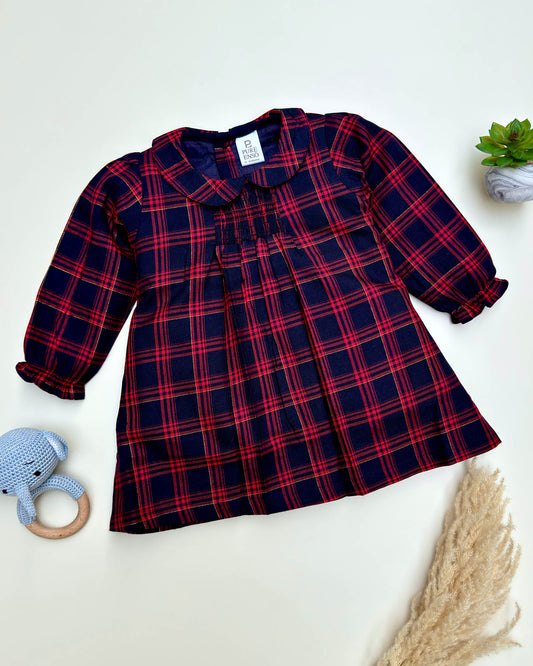 Full Sleeves Red Check Frock With Smocking