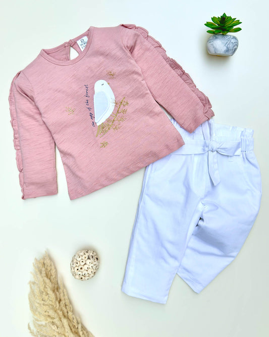 Frill Top With Applique Embroidery & Pants