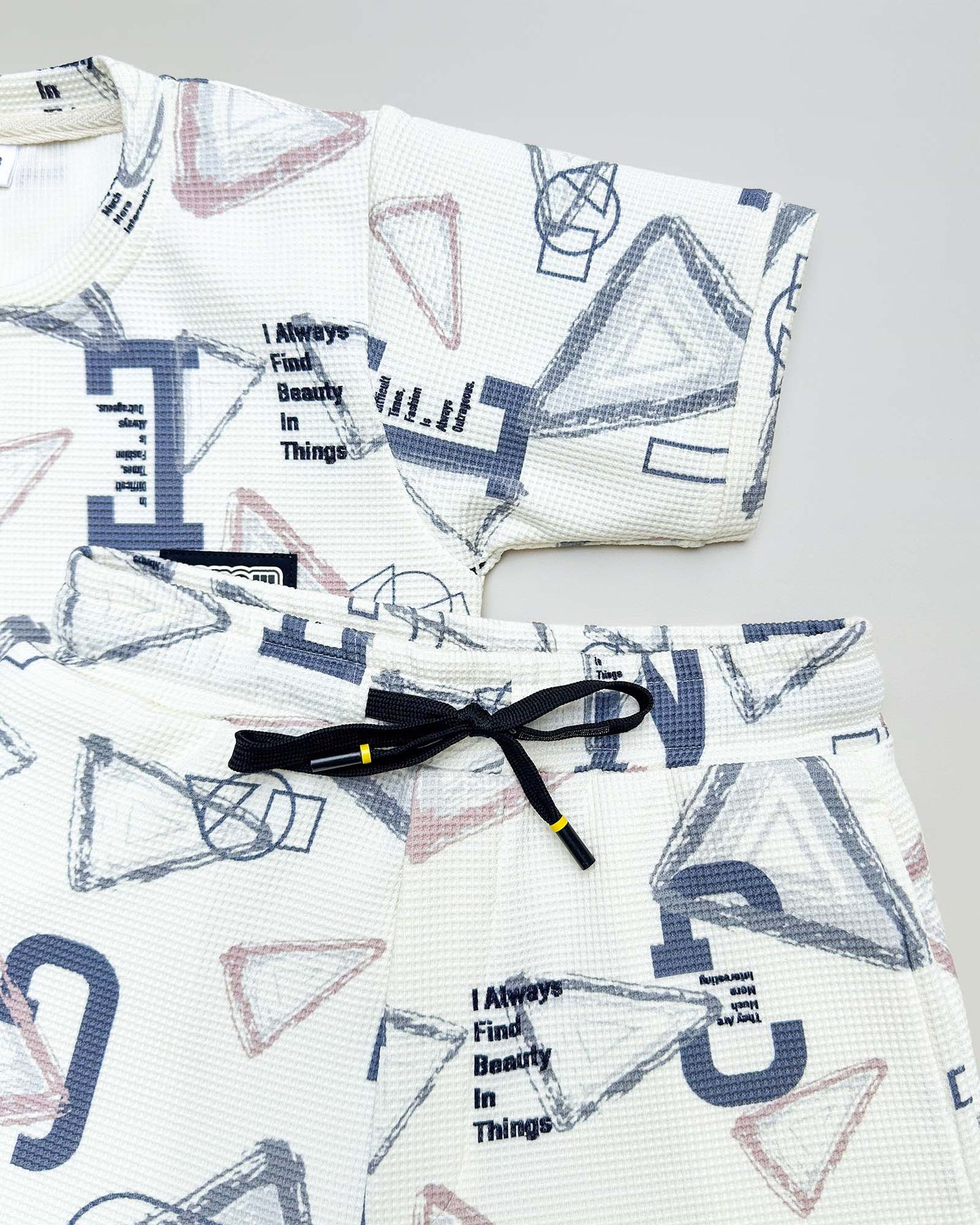 Letters Printed Check Textured T-Shirt & Shorts Co-ord Set