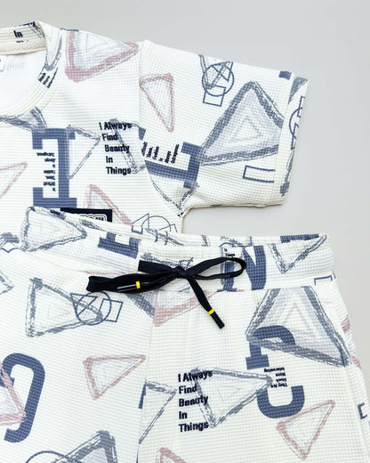 Letters Printed Check Textured T-Shirt & Shorts Co-ord Set