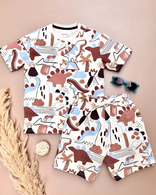 Dino Toon Print T-Shirt & Shorts Co-Ord Set