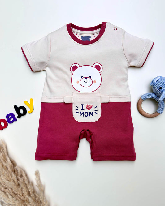 Half Sleeves Teddy Face Printed Romper