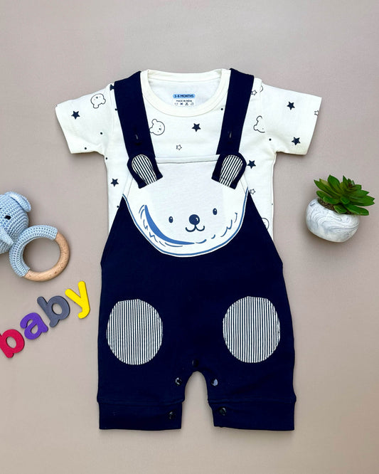 Printed Bear Dungaree Romper Set