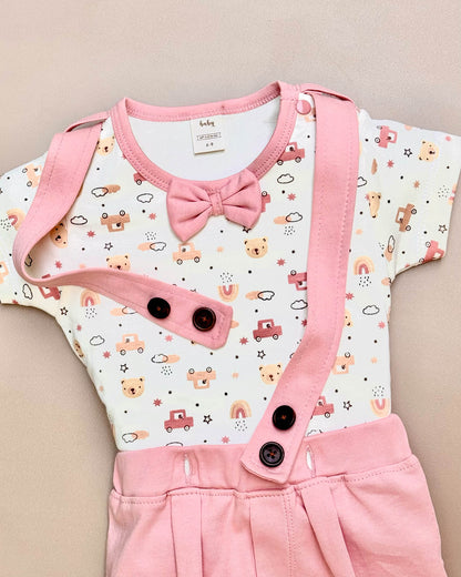 Printed Jumper with Bow Tie & Suspender-Style Shorts