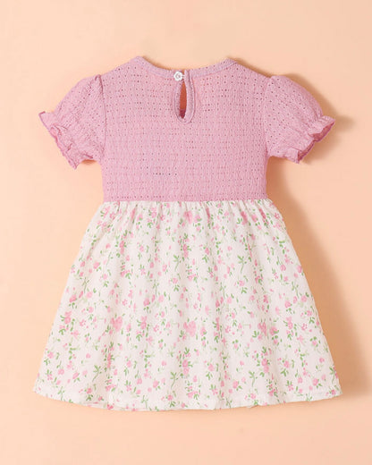 Girls Floral Print Casual Dress - Peach / Off White