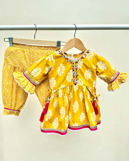 Traditional Printed Dhoti Salwae 2 Pec Set - Mustard