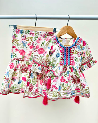 Tradiotional Embroidered Sharara 2 Pec Set - Off White / Pink
