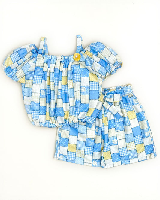 Girls Check Print Blouse and Shorts Set Dress - Yellow & Blue Check
