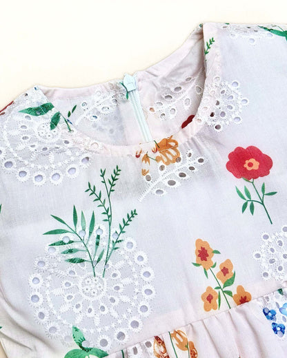 Girls Floral Print Chikankari Casual Dress