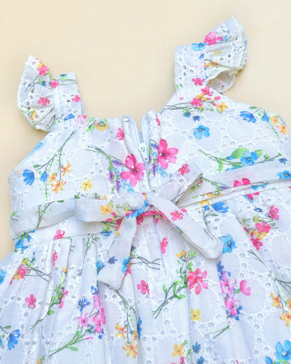 Vintage Flower Print Chikankari Cotton Dress