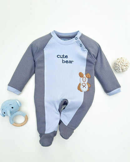 Full Sleeve Cute Bear Embroidered Textured Romper