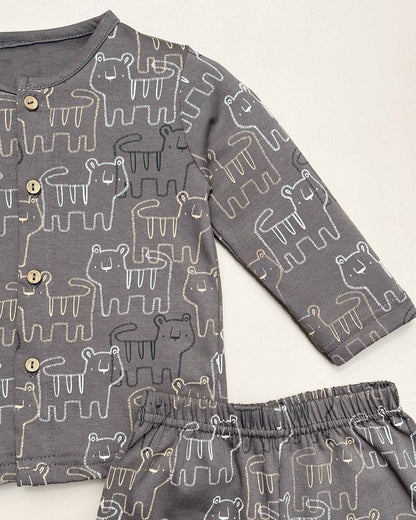 Full Sleeve Front Open Lion Graffiti Printed Co-ord Set