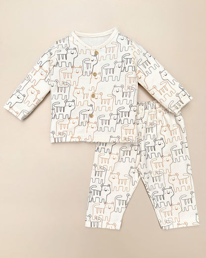 Full Sleeve Front Open Lion Graffiti Printed Co-ord Set