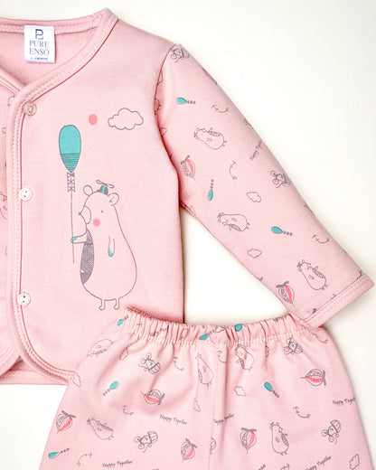 Bear Balloon Printed Fleeced Front Open Night Suit