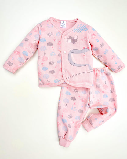 Hippo Cloud Printed Fleeced Front Open Night Suit
