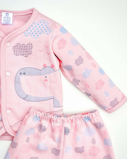 Hippo Cloud Printed Fleeced Front Open Night Suit