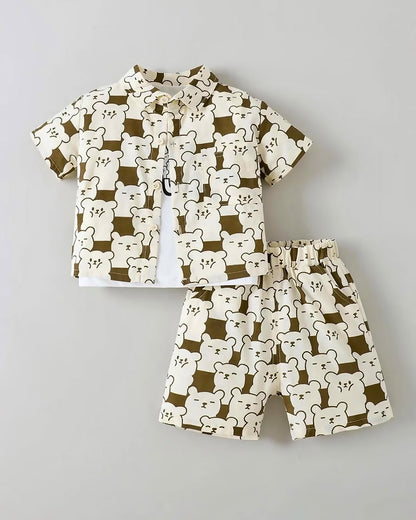 3 Pec Bear Printed Co-Ord Set With Sleeveless T-Shirt