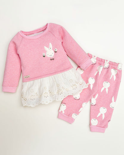 Bunny Printed Fleeced Casual Dress With Joggers