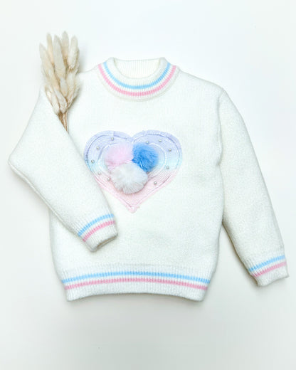 Heart Appliqué Full-Sleeve Pullover Sweater