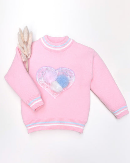 Heart Appliqué Full-Sleeve Pullover Sweater