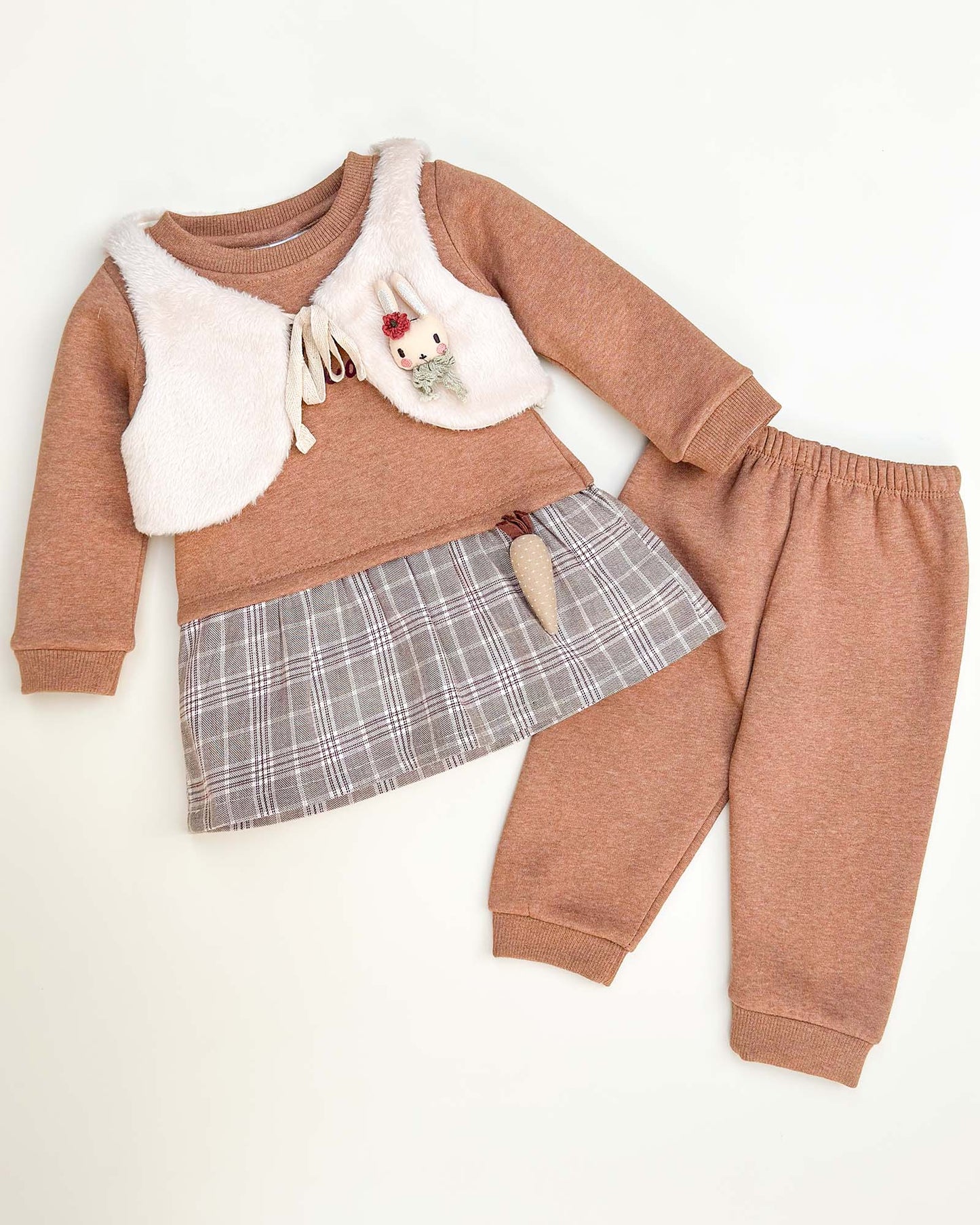 Fur Coat Fleeced Casual Dress With Jogger & Broach Details