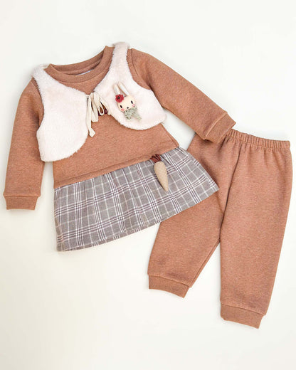 Fur Coat Fleeced Casual Dress With Jogger & Broach Details