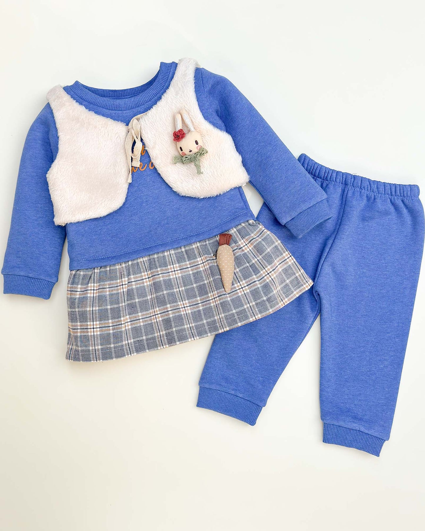 Fur Coat Fleeced Casual Dress With Jogger & Broach Details