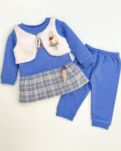 Fur Coat Fleeced Casual Dress With Jogger & Broach Details