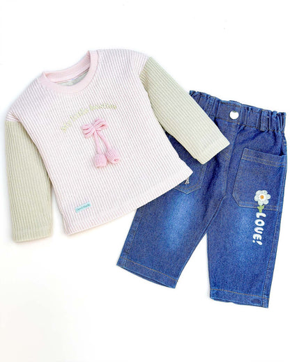 Full Sleeve Hand-Knitted Top With Denim Set