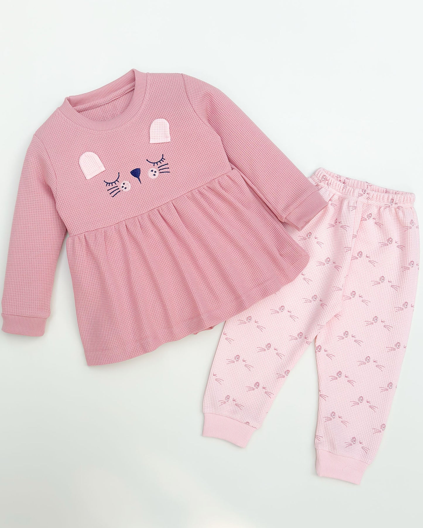 Waffle Textured Cat Face Full Sleeve Co-Ord Set