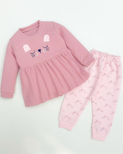 Waffle Textured Cat Face Full Sleeve Co-Ord Set
