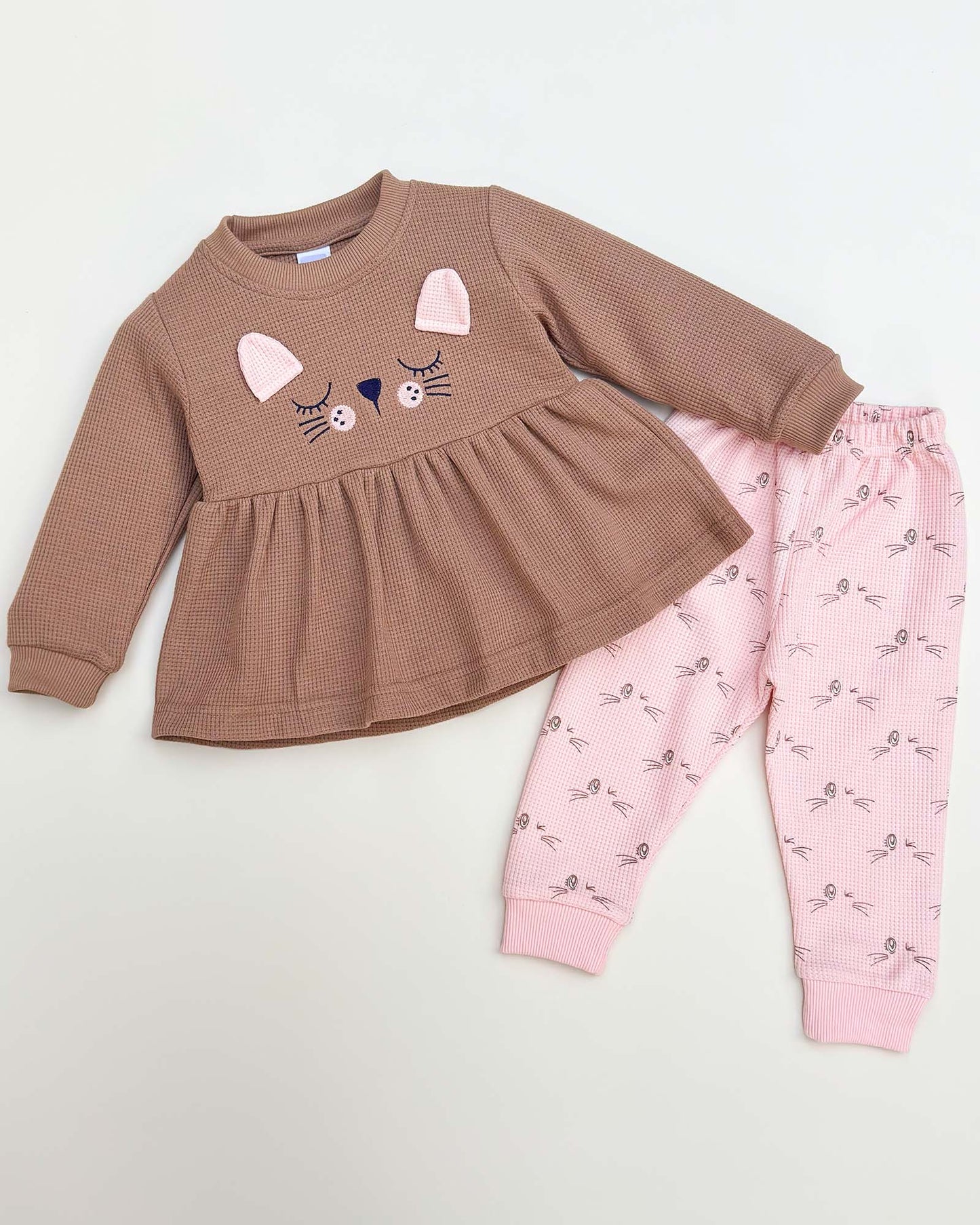 Waffle Textured Cat Face Full Sleeve Co-Ord Set