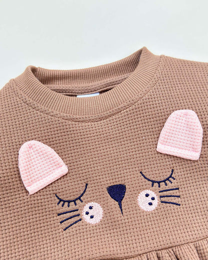 Waffle Textured Cat Face Full Sleeve Co-Ord Set