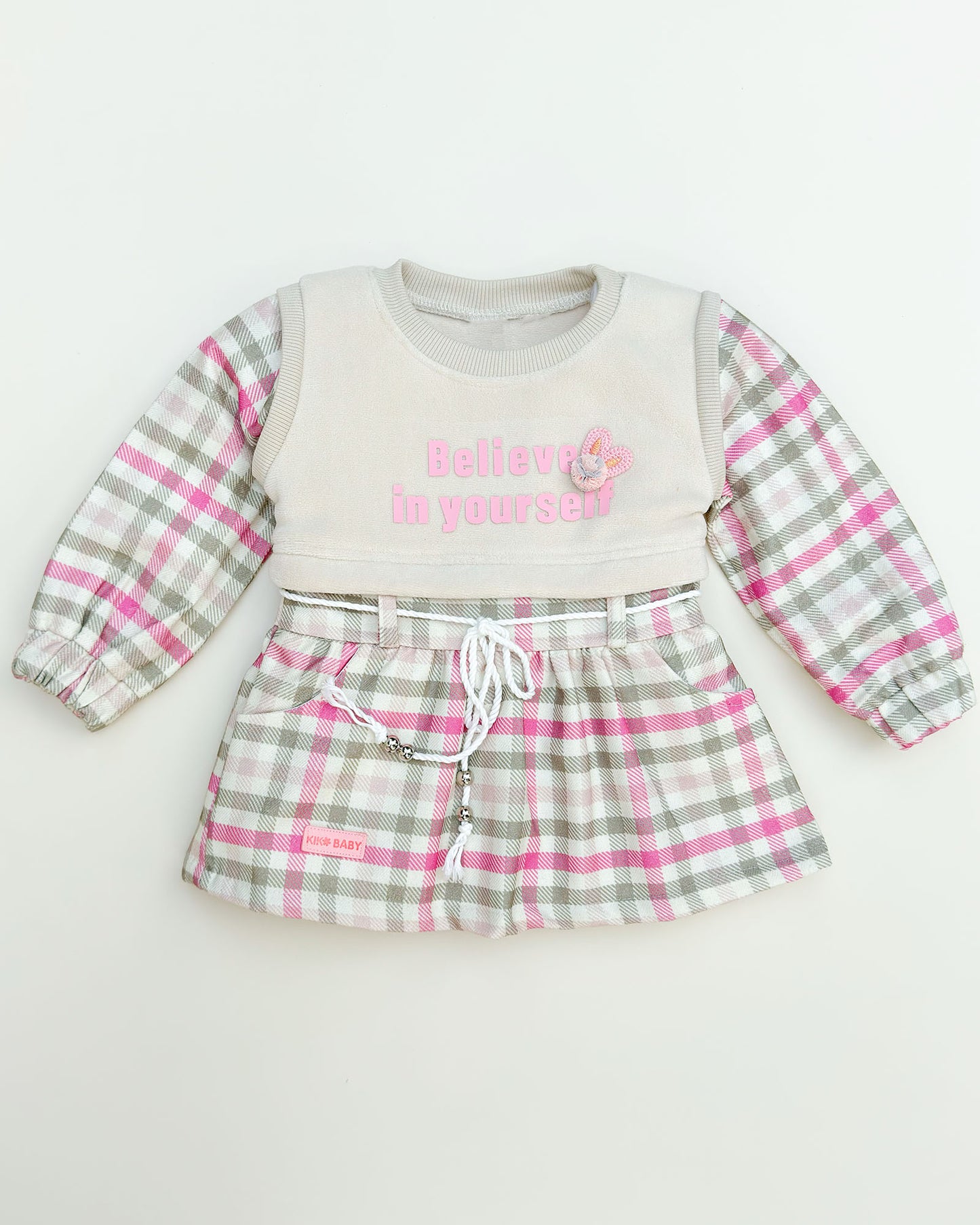 Belive Printed Check Casual Dress With Fleece Jogger & Drawstring Belt