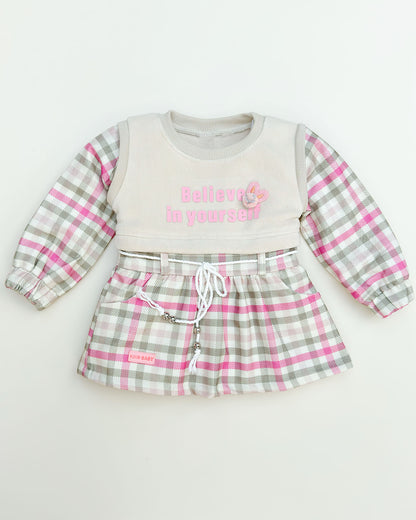 Belive Printed Check Casual Dress With Fleece Jogger & Drawstring Belt