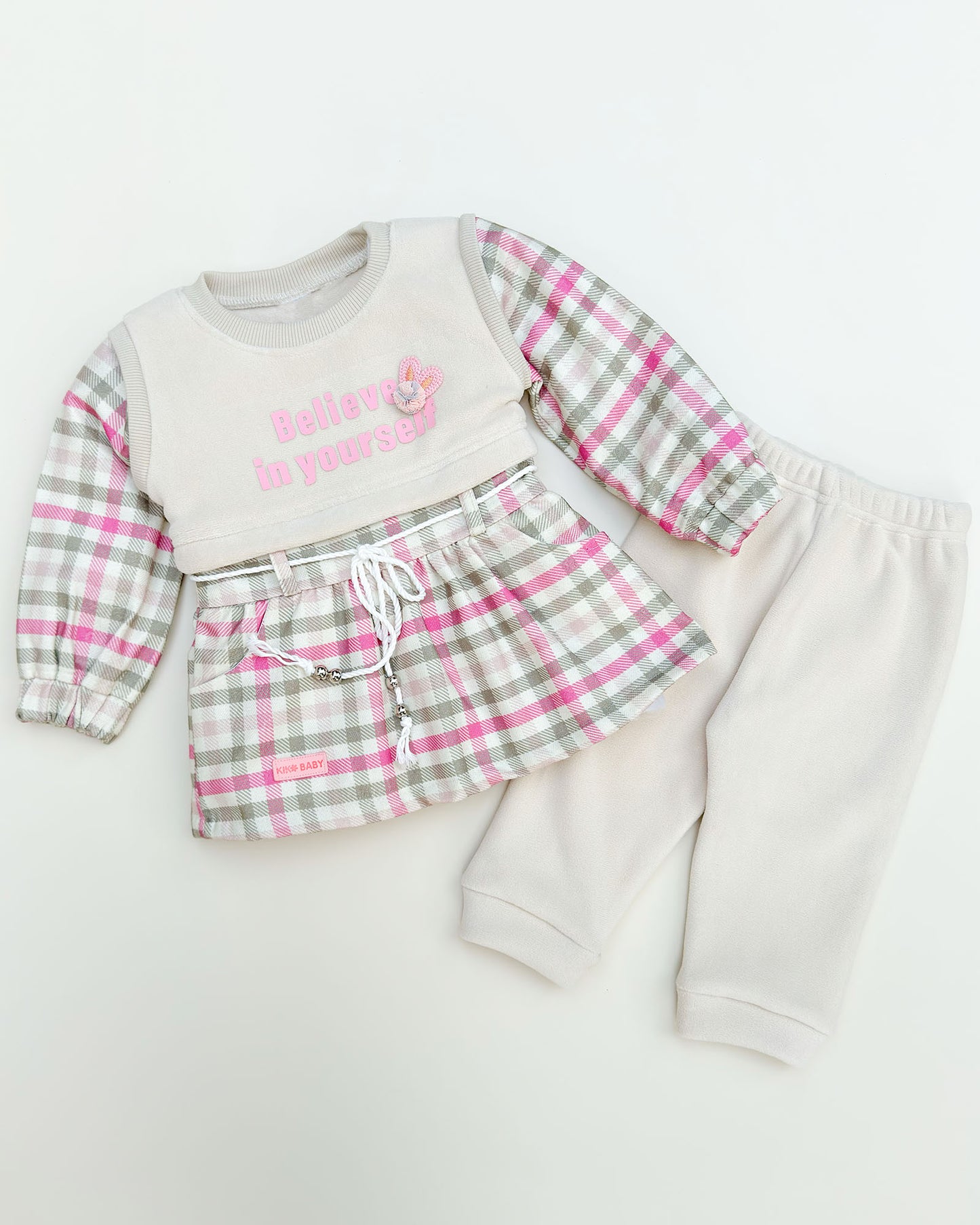 Belive Printed Check Casual Dress With Fleece Jogger & Drawstring Belt