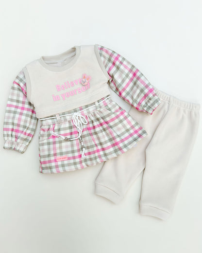 Belive Printed Check Casual Dress With Fleece Jogger & Drawstring Belt