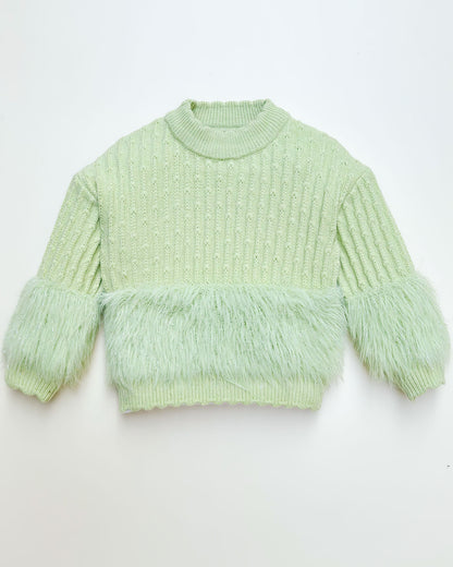 Knitted Textured Sweater Co-Ord Set With Fur Details