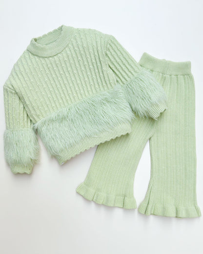 Knitted Textured Sweater Co-Ord Set With Fur Details
