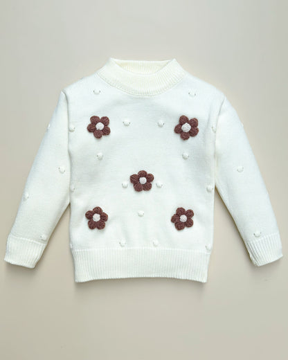 Flower Appliqued Textured Sweater