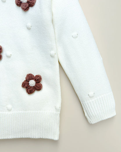 Flower Appliqued Textured Sweater