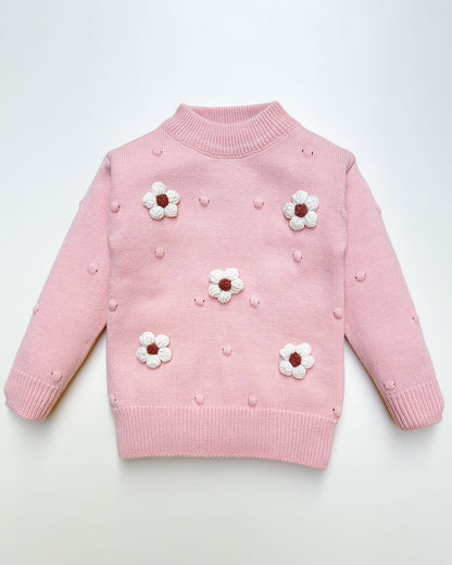 Flower Appliqued Textured Sweater