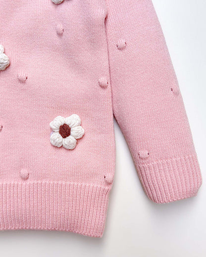 Flower Appliqued Textured Sweater