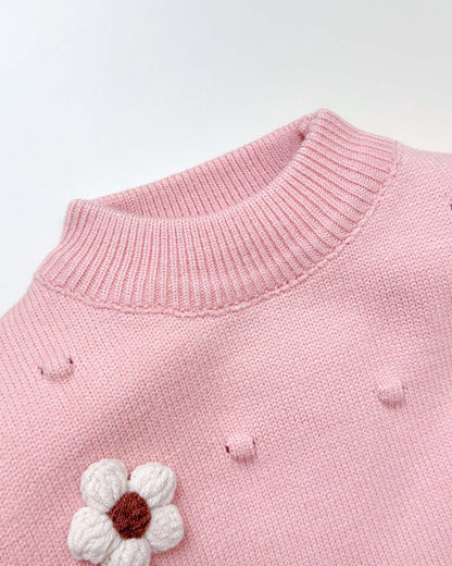 Flower Appliqued Textured Sweater