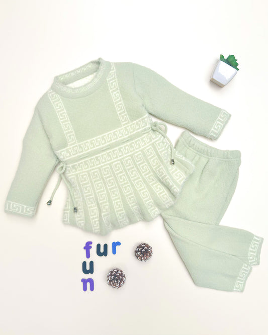 Full Sleeves Faux Fur Frock Co-ord Set with Geometric Print