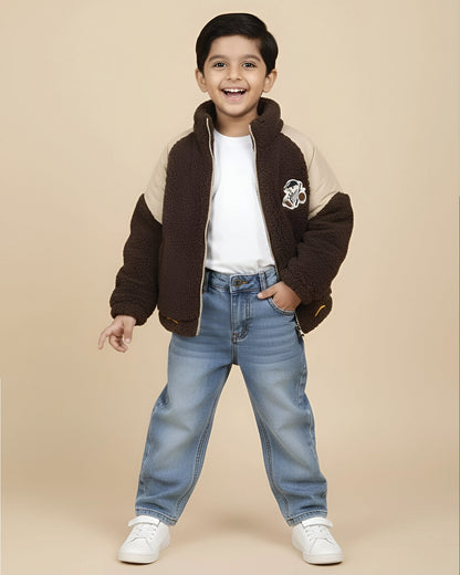 Soft Textured Fleeced Jacket with Puffer Sleeves