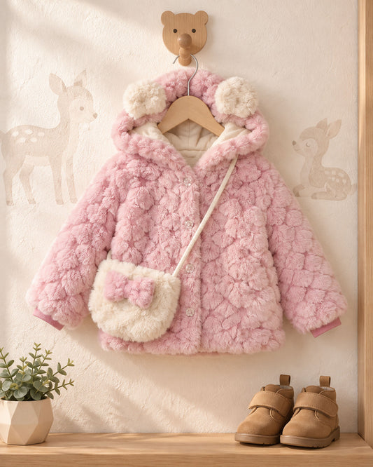 Bear Ears Textured Fur Jacket With Sling Bag