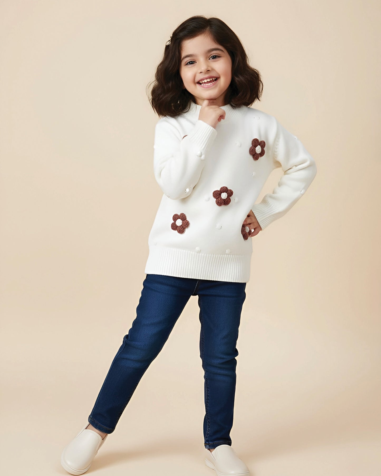 Flower Appliqued Textured Sweater